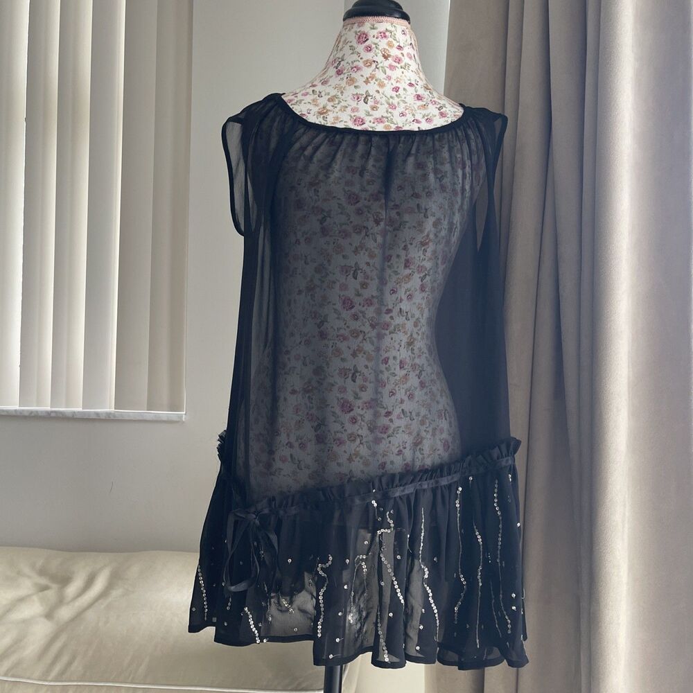 Romeo Juliette Oversized Black Sheer Sequins Ruffle Babydoll Drop Waist XS